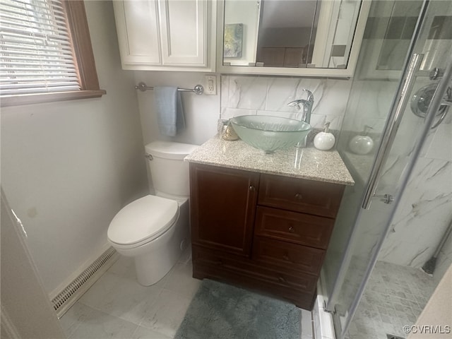 9079 Cudlipp Ave, Mechanicsville, VA 23116 - full bath featuring vanity, toilet, a marble finish shower, baseboards, and marble finish flooring