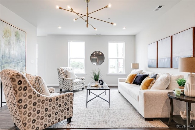 1900 Roseneath Rd Unit 9A, Richmond, VA 23230 - living area with a chandelier, wood finished floors, baseboards, and recessed lighting