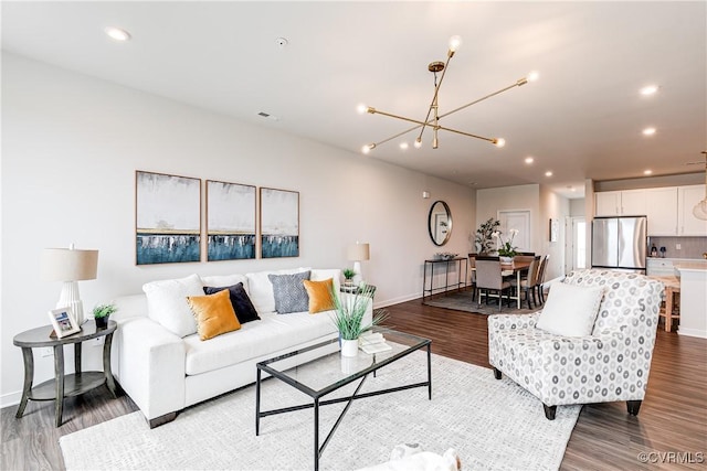 1900 Roseneath Rd Unit 9A, Richmond, VA 23230 - living room with a chandelier, recessed lighting, wood finished floors, and baseboards