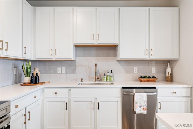 1900 Roseneath Rd Unit 9A, Richmond, VA 23230 - kitchen featuring stainless steel dishwasher, a sink, light countertops, white cabinetry, and decorative backsplash