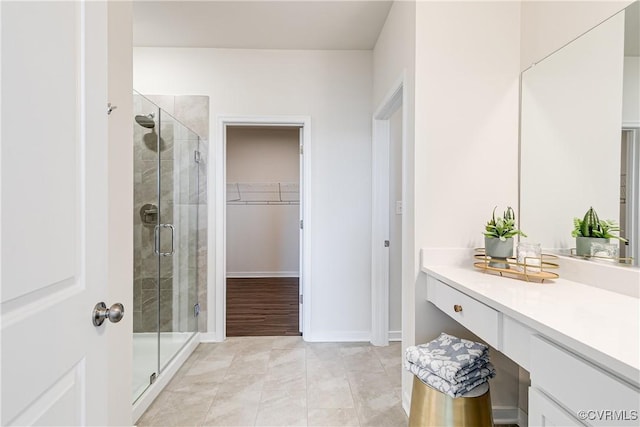 1900 Roseneath Rd Unit 9A, Richmond, VA 23230 - bathroom with a shower stall, vanity, a spacious closet, and baseboards