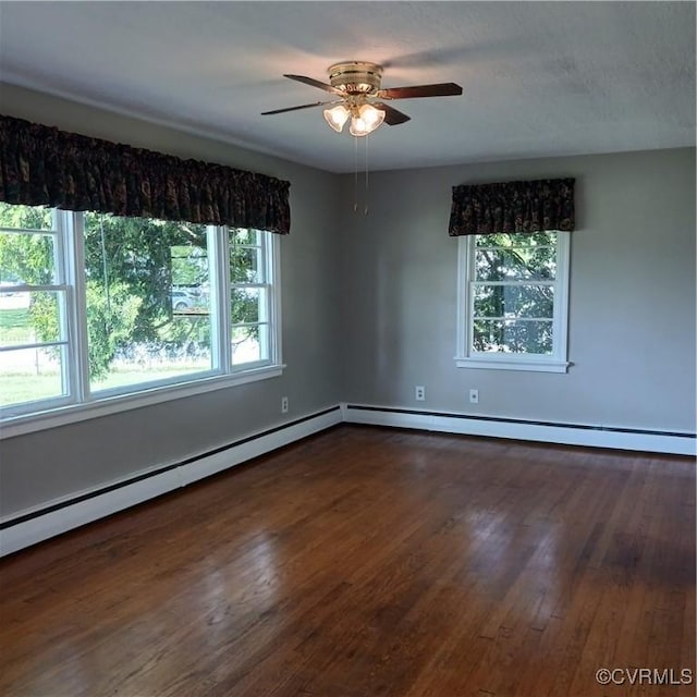 4846 Stanley Dr, Chesterfield, VA 23234 - empty room with plenty of natural light, ceiling fan, dark wood-style floors, and a baseboard heating unit