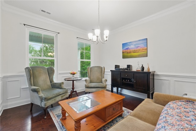 5681 Saint Leger Dr, Providence Forge, VA 23140 - living area with a chandelier, ornamental molding, wood-type flooring, a decorative wall, and wainscoting
