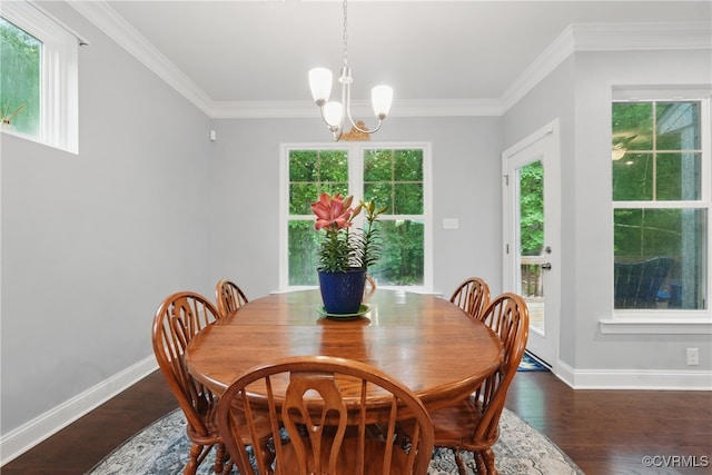 5681 Saint Leger Dr, Providence Forge, VA 23140 - dining space featuring baseboards, a chandelier, dark wood-style flooring, and crown molding