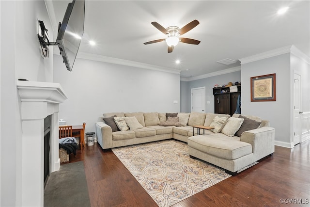 5681 Saint Leger Dr, Providence Forge, VA 23140 - living area featuring a ceiling fan, wood finished floors, recessed lighting, ornamental molding, and baseboards