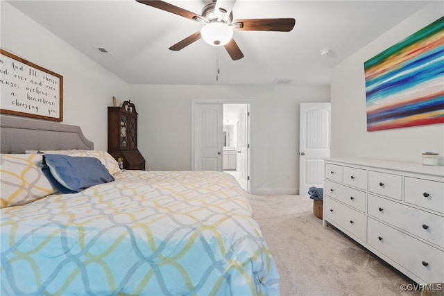 5681 Saint Leger Dr, Providence Forge, VA 23140 - bedroom with light carpet, ceiling fan, baseboards, and ensuite bath
