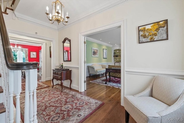 104 Peter Francisco Dr, Hopewell, VA 23860 - hallway featuring a chandelier, crown molding, wood finished floors, and stairs