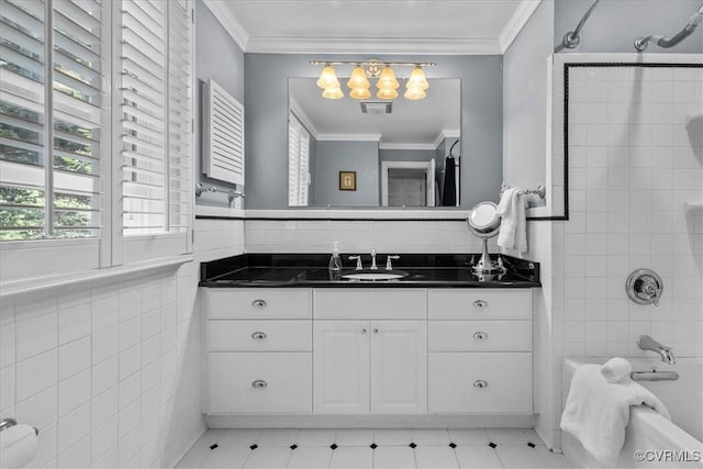 104 Peter Francisco Dr, Hopewell, VA 23860 - full bath featuring vanity, bathing tub / shower combination, ornamental molding, a chandelier, and tile patterned floors