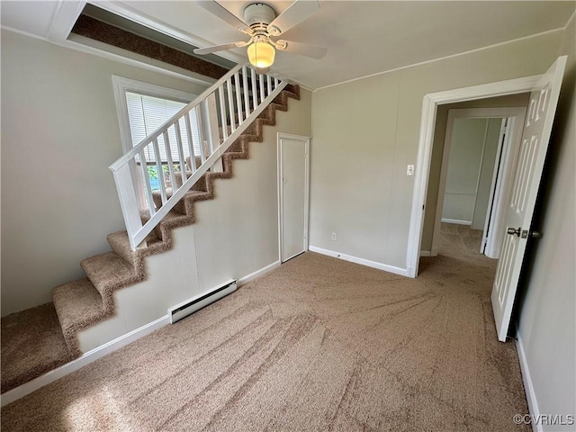 2404 Parrish St, Henrico, VA 23231 - stairs featuring a baseboard radiator, carpet floors, a ceiling fan, and baseboards