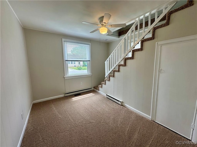 2404 Parrish St, Henrico, VA 23231 - stairway featuring a baseboard radiator, carpet floors, baseboards, and a ceiling fan