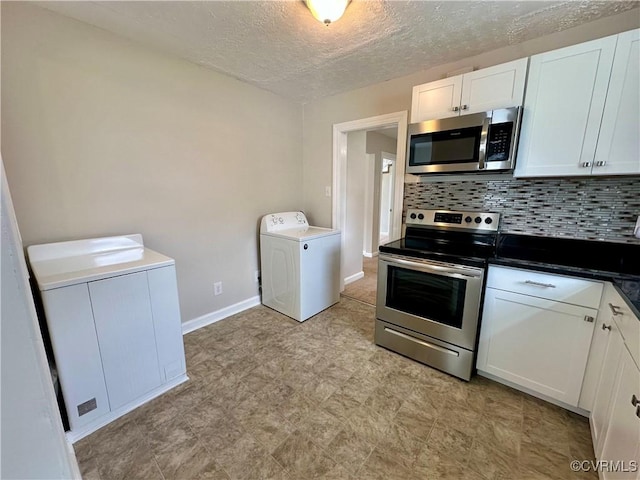 2404 Parrish St, Henrico, VA 23231 - kitchen with stainless steel appliances, washer / clothes dryer, decorative backsplash, white cabinets, and a textured ceiling