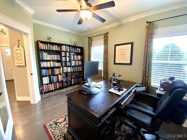 home office featuring ceiling fan, wood finished floors, ornamental molding, and baseboards