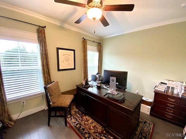 office with wood finished floors, baseboards, crown molding, and ceiling fan
