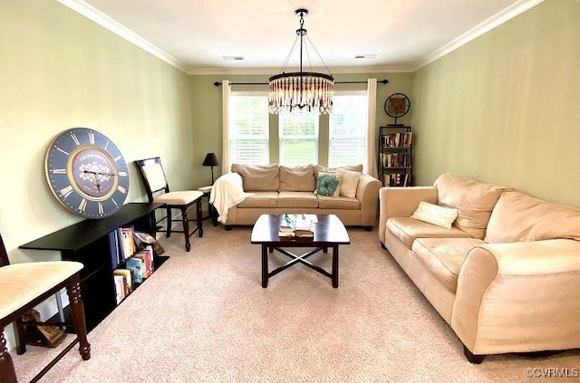 carpeted living room featuring a chandelier and ornamental molding