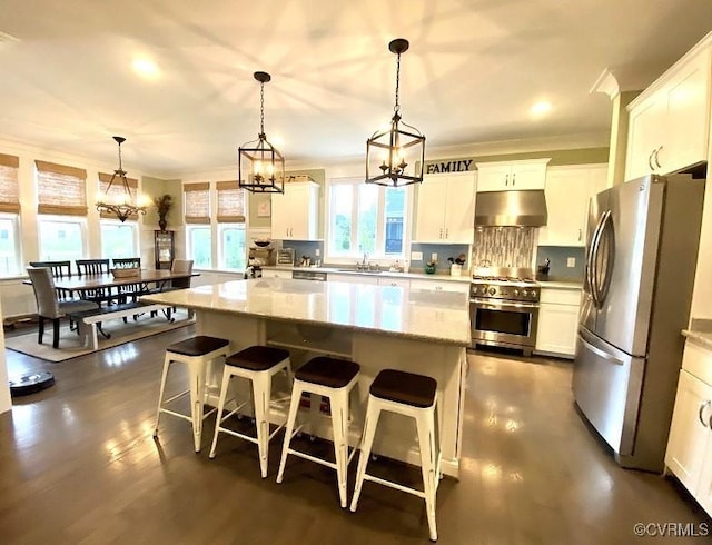 kitchen featuring stainless steel appliances, under cabinet range hood, a sink, white cabinetry, and crown molding