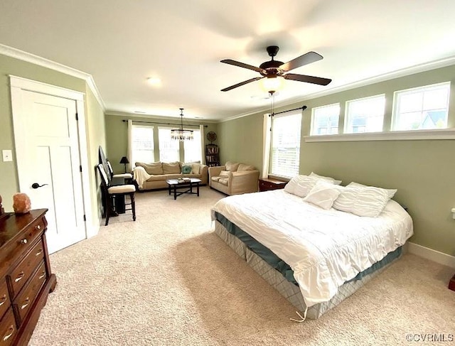 bedroom featuring crown molding, light carpet, a chandelier, a ceiling fan, and baseboards