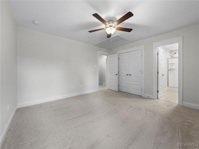 1280 Mill Quarter Rd, Powhatan, VA 23139 - unfurnished bedroom featuring attic access, carpet floors, a closet, ensuite bathroom, and a ceiling fan