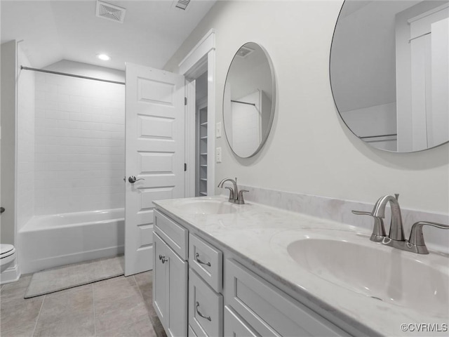 1280 Mill Quarter Rd, Powhatan, VA 23139 - full bathroom with double vanity, tile patterned floors, bathtub / shower combination, and recessed lighting