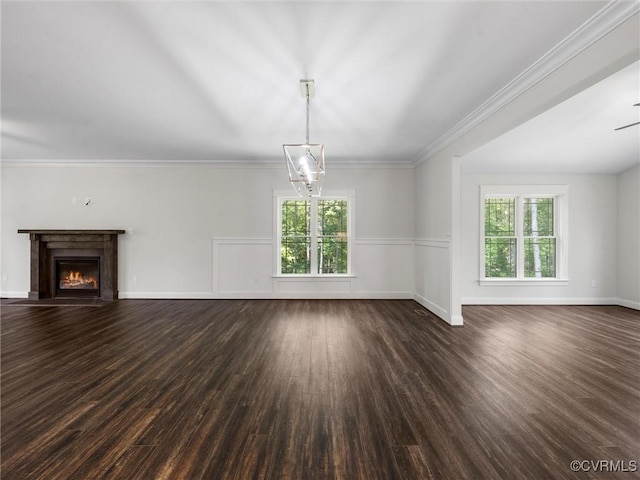 1280 Mill Quarter Rd, Powhatan, VA 23139 - unfurnished living room with dark wood-type flooring, healthy amount of natural light, a fireplace with flush hearth, and crown molding