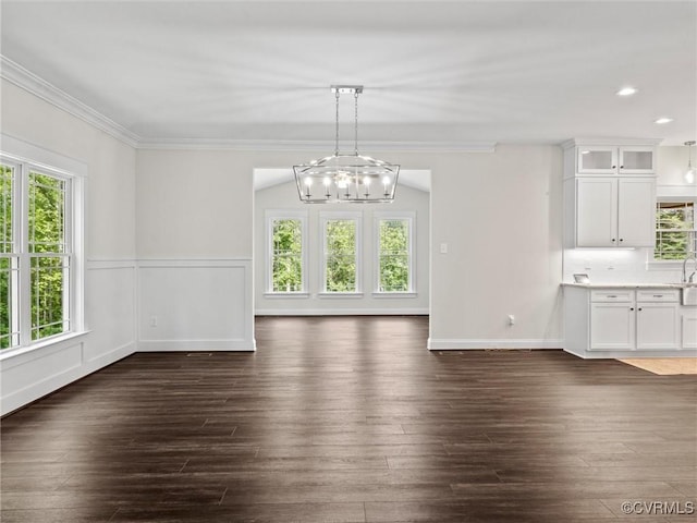 1280 Mill Quarter Rd, Powhatan, VA 23139 - unfurnished dining area with healthy amount of natural light, a chandelier, crown molding, dark wood finished floors, and recessed lighting