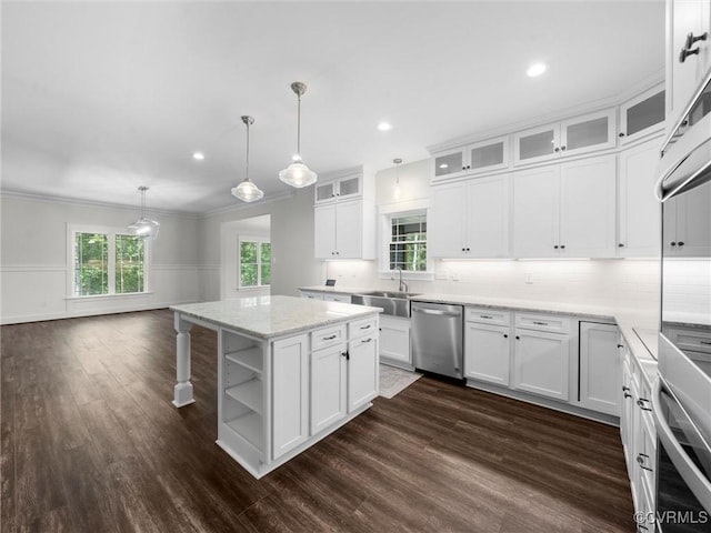 1280 Mill Quarter Rd, Powhatan, VA 23139 - kitchen with stainless steel appliances, dark wood-type flooring, ornamental molding, open shelves, and a kitchen island