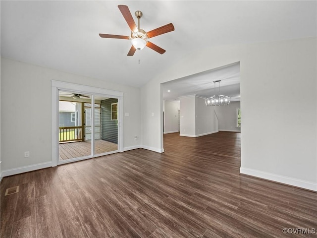1280 Mill Quarter Rd, Powhatan, VA 23139 - unfurnished living room featuring ceiling fan, lofted ceiling, dark wood-type flooring, and a chandelier