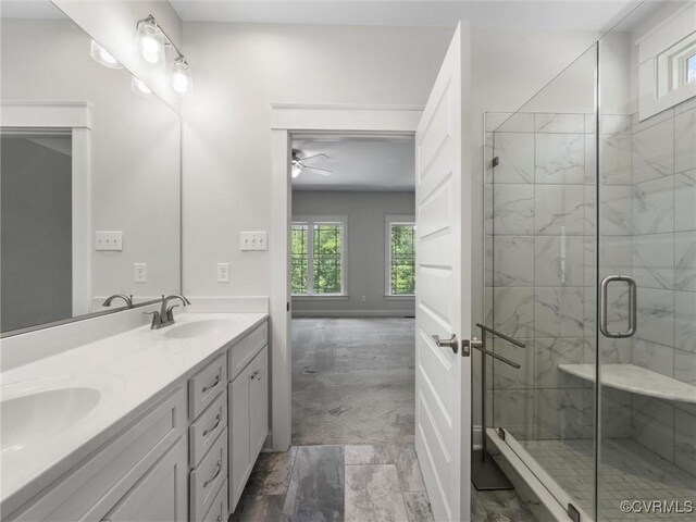 1280 Mill Quarter Rd, Powhatan, VA 23139 - bathroom with double vanity, a ceiling fan, and a shower stall