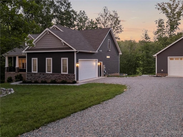 1280 Mill Quarter Rd, Powhatan, VA 23139 - craftsman inspired home featuring driveway, a lawn, roof with shingles, a garage, and stone siding