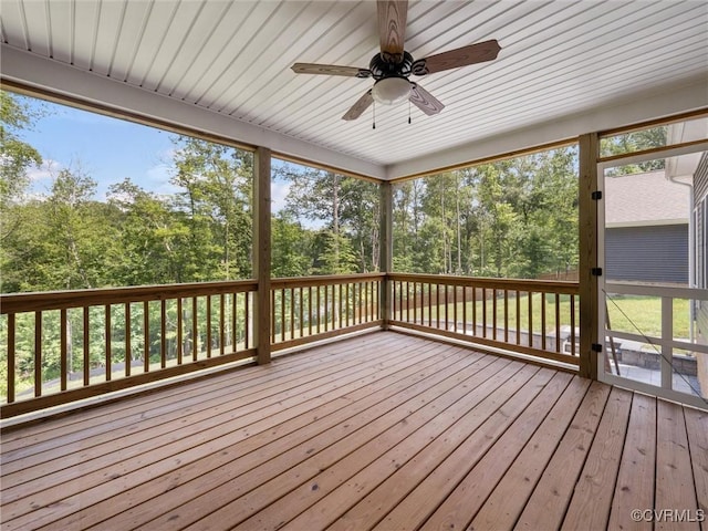 1280 Mill Quarter Rd, Powhatan, VA 23139 - deck with a ceiling fan and view of wooded area