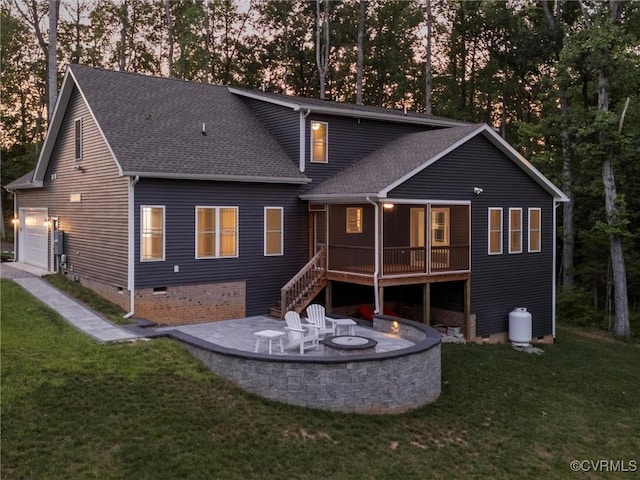 1280 Mill Quarter Rd, Powhatan, VA 23139 - back of house featuring a shingled roof, a lawn, a patio area, and a deck
