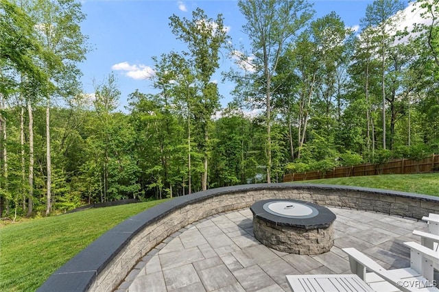 1280 Mill Quarter Rd, Powhatan, VA 23139 - view of patio / terrace featuring a fire pit and a wooded view