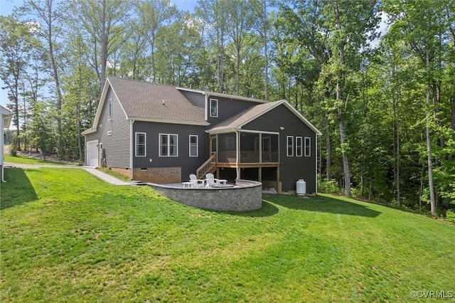 1280 Mill Quarter Rd, Powhatan, VA 23139 - rear view of property with a sunroom, roof with shingles, a lawn, crawl space, and stairs