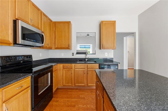 2409 Silver Lake Ter, Midlothian, VA 23112 - kitchen with stainless steel microwave, electric range, a sink, light wood finished floors, and dishwashing machine