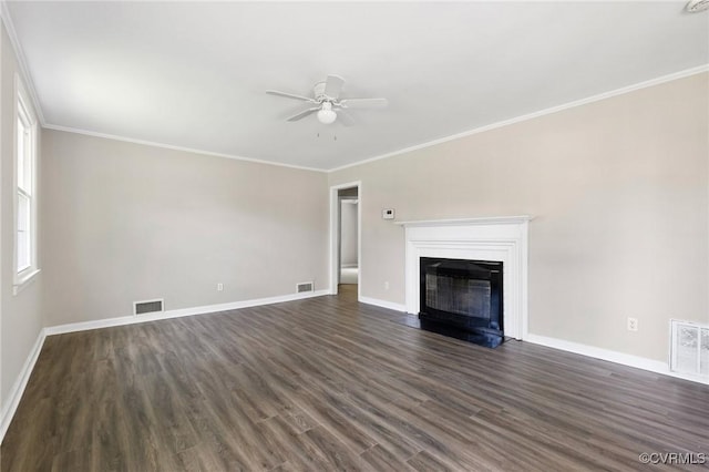 3507 Howard Rd, Henrico, VA 23223 - unfurnished living room featuring a ceiling fan, dark wood-style floors, baseboards, a fireplace with flush hearth, and crown molding