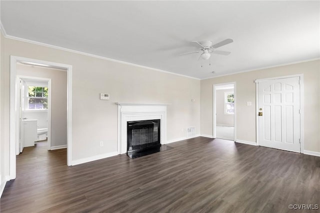 3507 Howard Rd, Henrico, VA 23223 - unfurnished living room featuring a ceiling fan, dark wood finished floors, baseboards, ornamental molding, and a fireplace with flush hearth
