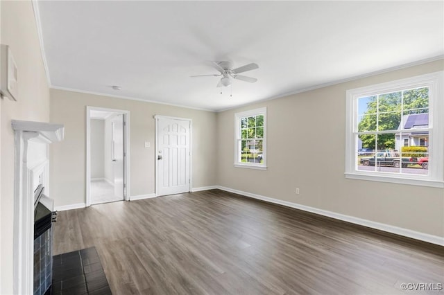 3507 Howard Rd, Henrico, VA 23223 - unfurnished living room with a ceiling fan, a fireplace with flush hearth, dark wood finished floors, baseboards, and ornamental molding