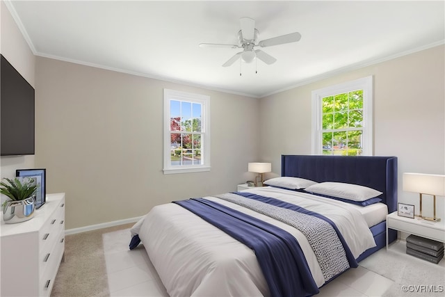 3507 Howard Rd, Henrico, VA 23223 - bedroom with multiple windows, ornamental molding, baseboards, light carpet, and a ceiling fan