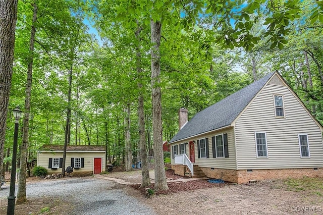 15019 Quaker Church Rd, Montpelier, VA 23192 - view of front of house featuring crawl space, a chimney, roof with shingles, and an outdoor structure