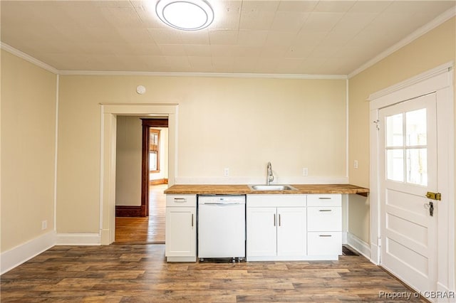 89 N Main St, Kilmarnock, VA 22482 - kitchen featuring white dishwasher, a sink, wood counters, ornamental molding, and white cabinets