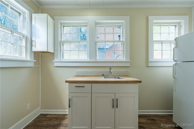 89 N Main St, Kilmarnock, VA 22482 - kitchen featuring freestanding refrigerator, butcher block counters, dark wood-style floors, a sink, and baseboards