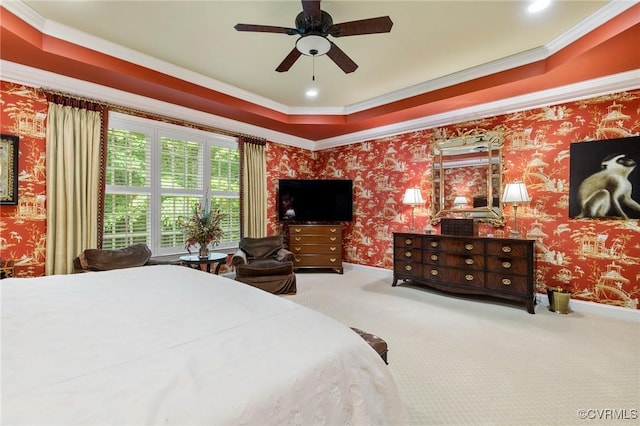 bedroom with carpet floors, ornamental molding, wallpapered walls, and ceiling fan