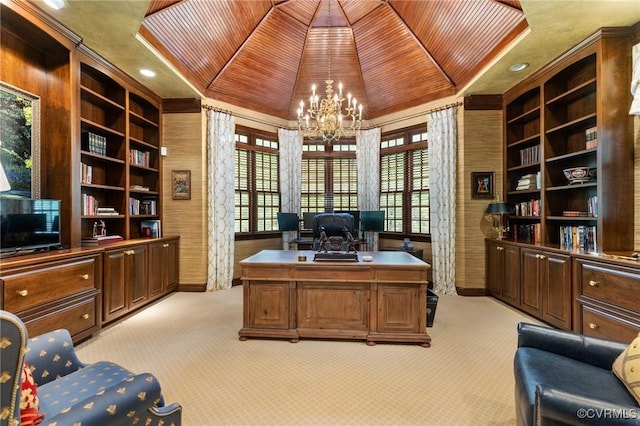 office area with wood ceiling, light carpet, healthy amount of natural light, a chandelier, and lofted ceiling