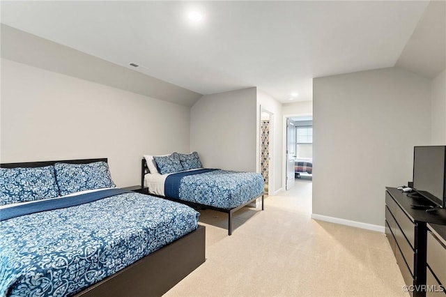 bedroom featuring light carpet, vaulted ceiling, baseboards, and recessed lighting