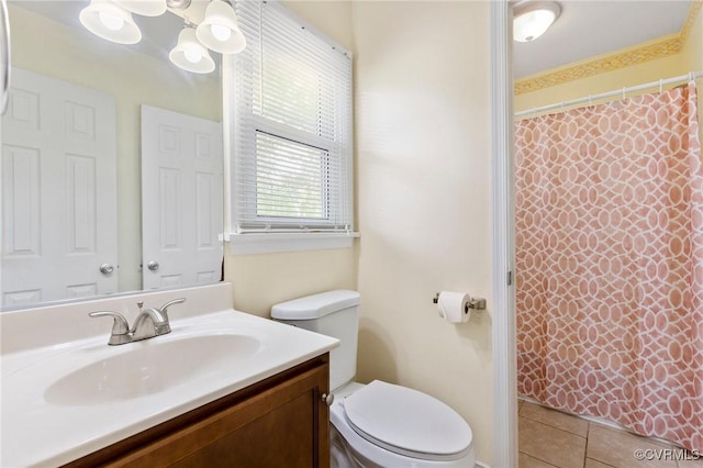 10970 Haverford Ln, North Chesterfield, VA 23236 - full bathroom with toilet, vanity, a shower with shower curtain, tile patterned floors, and a chandelier