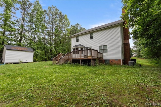 14125 Mountain Rd, Glen Allen, VA 23059 - rear view of house with a deck, a yard, central air condition unit, and a chimney