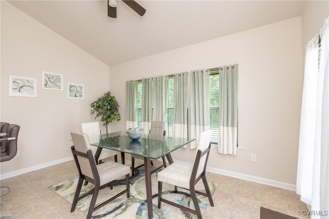 9006 Proctors Run Ct, Chesterfield, VA 23237 - dining room with a ceiling fan, vaulted ceiling, light tile patterned floors, and baseboards