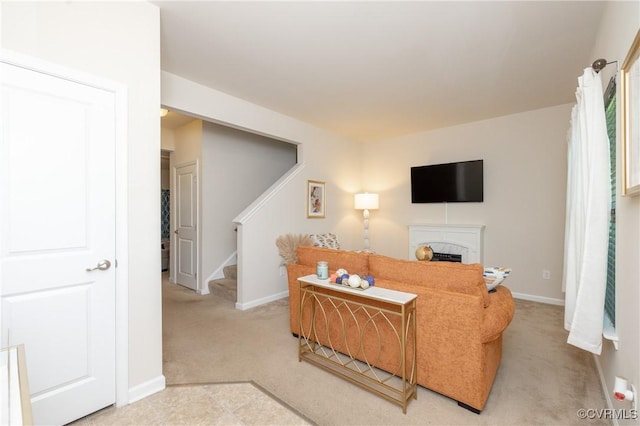 9006 Proctors Run Ct, Chesterfield, VA 23237 - carpeted living area with stairs, a fireplace, and baseboards