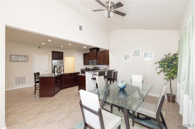 9006 Proctors Run Ct, Chesterfield, VA 23237 - dining area featuring ceiling fan, baseboards, high vaulted ceiling, recessed lighting, and light tile patterned floors