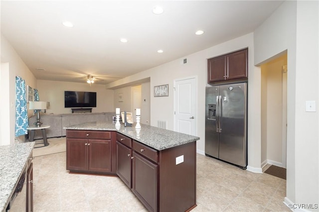 9006 Proctors Run Ct, Chesterfield, VA 23237 - kitchen with stainless steel refrigerator with ice dispenser, light tile patterned floors, open floor plan, a ceiling fan, and recessed lighting