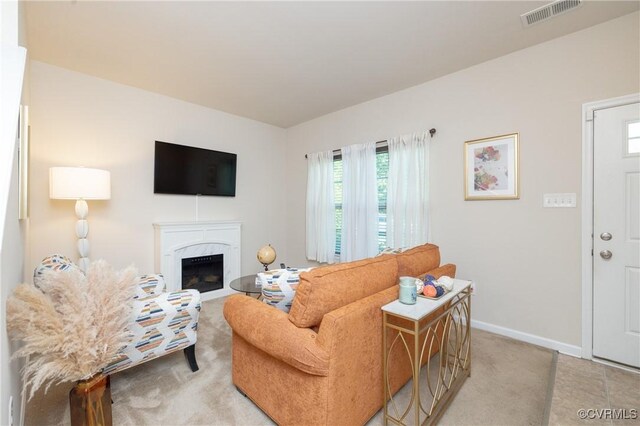 9006 Proctors Run Ct, Chesterfield, VA 23237 - living room featuring a fireplace, light carpet, and baseboards